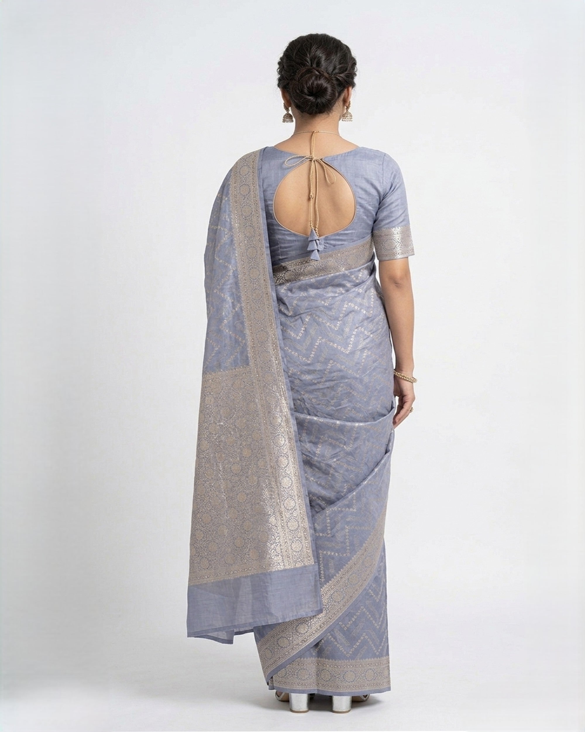 Steel Blue & Silver-Toned Silk Blend Zari Woven Banarasi Saree