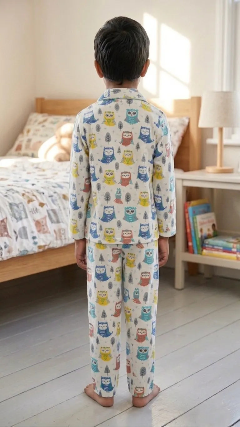 White & Blue Owl Print Pure Cotton Night Suit