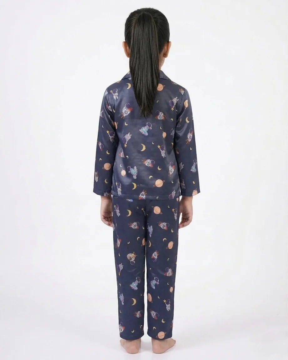 Girls  Navy Blue & Multi Satin Space Print Nightsuit Set