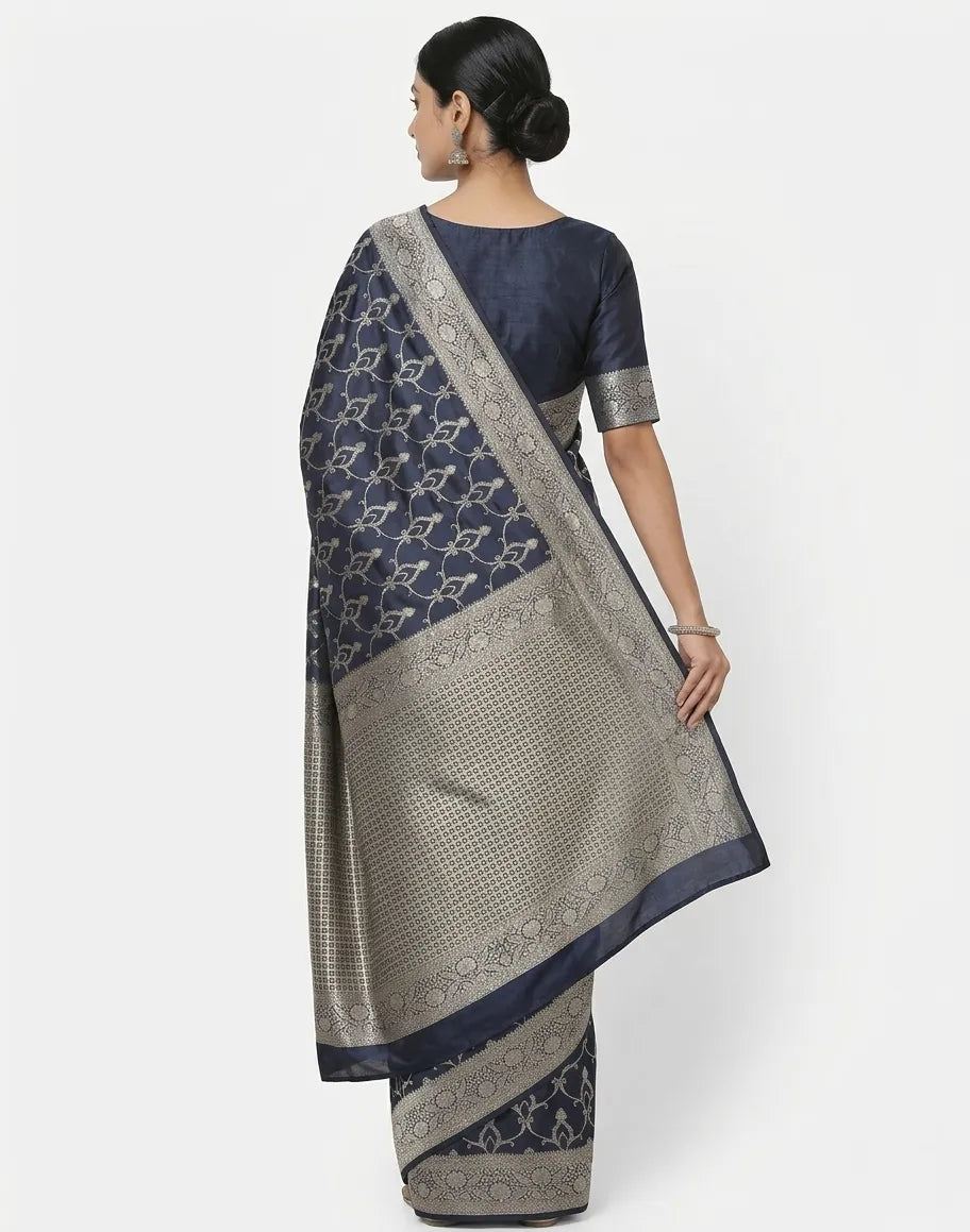 Navy Blue & Silver-Toned Silk Woven Design Banarasi Saree