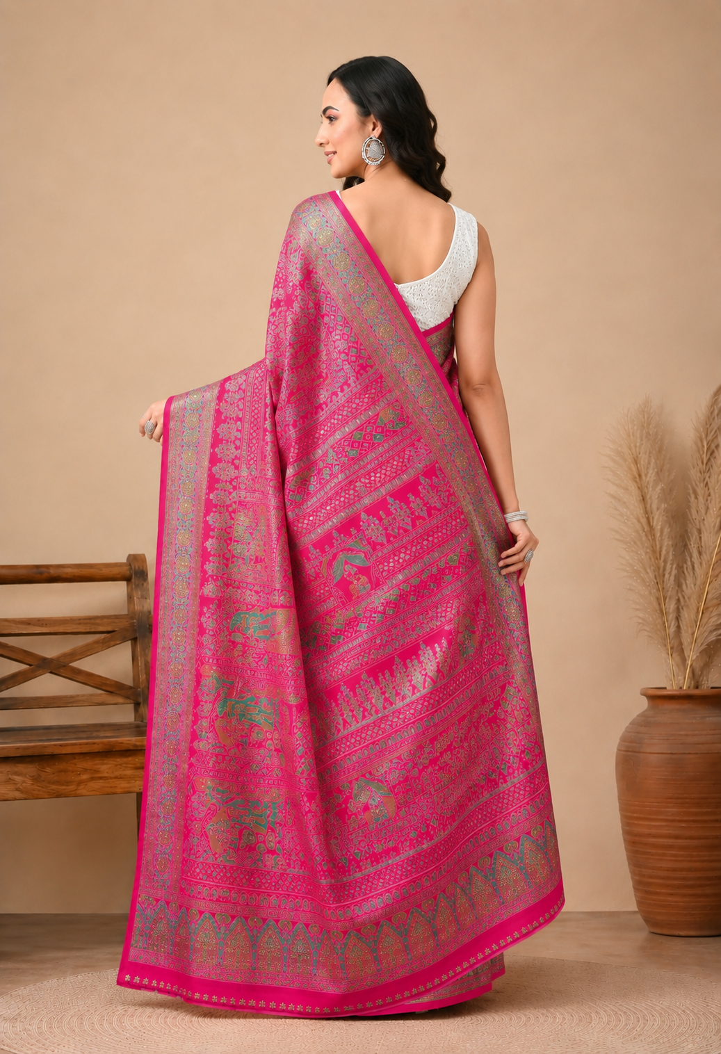 Women Pink Georgette Ethnic Printed Saree with Intricate Embellished Detailing