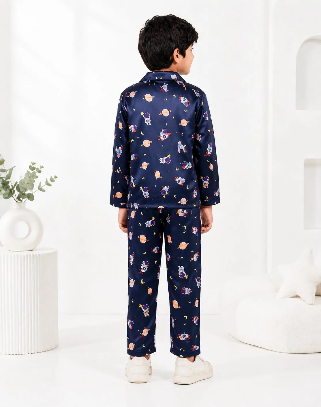 Kids Boys Navy Blue & Multi Satin Space Print Nightsuit Set