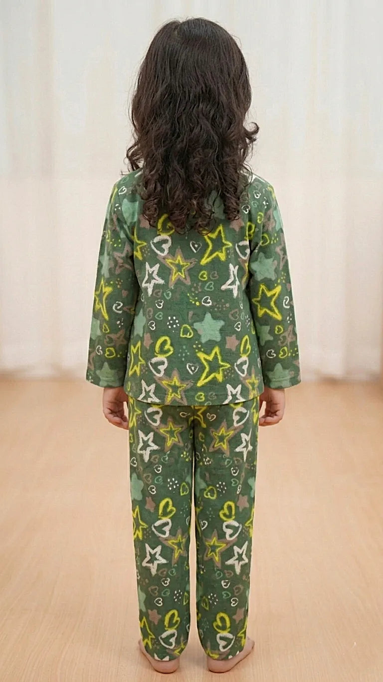 Girs  Pure Cotton Olive Green Star & Heart Print Night Suit