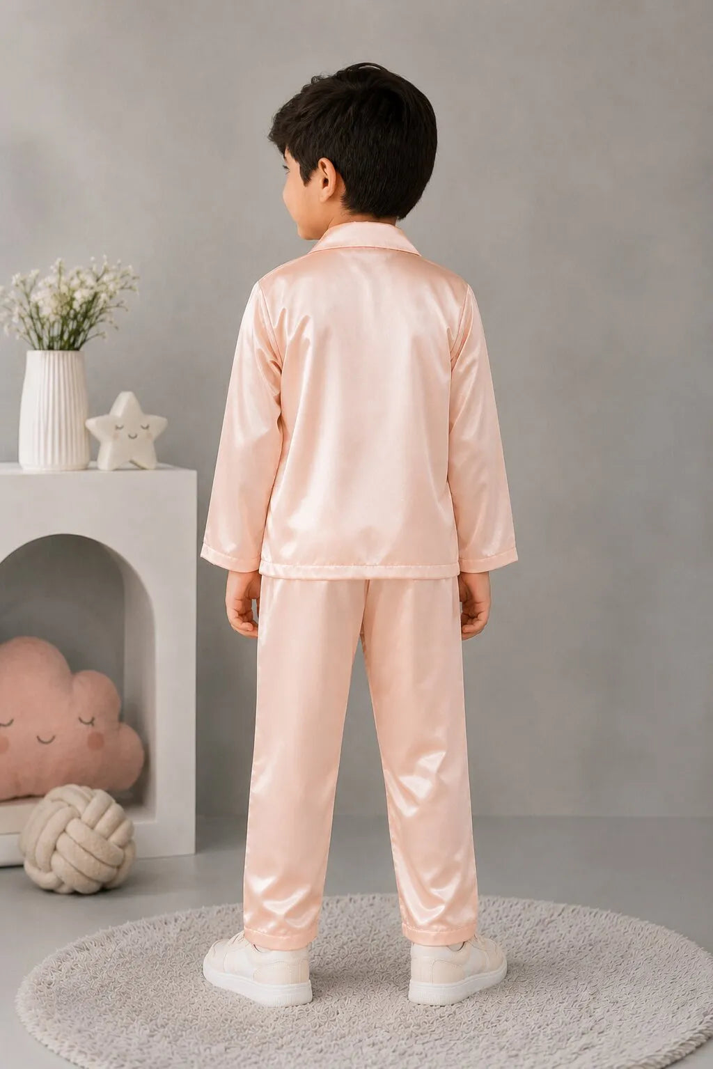 Kids' Peach Solid Satin Night Suit