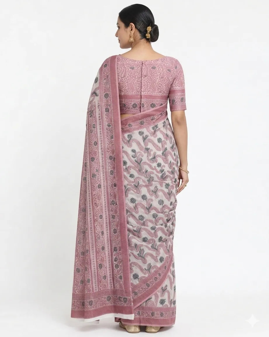 Women Off-White & Pink  Printed Silk Blend Saree