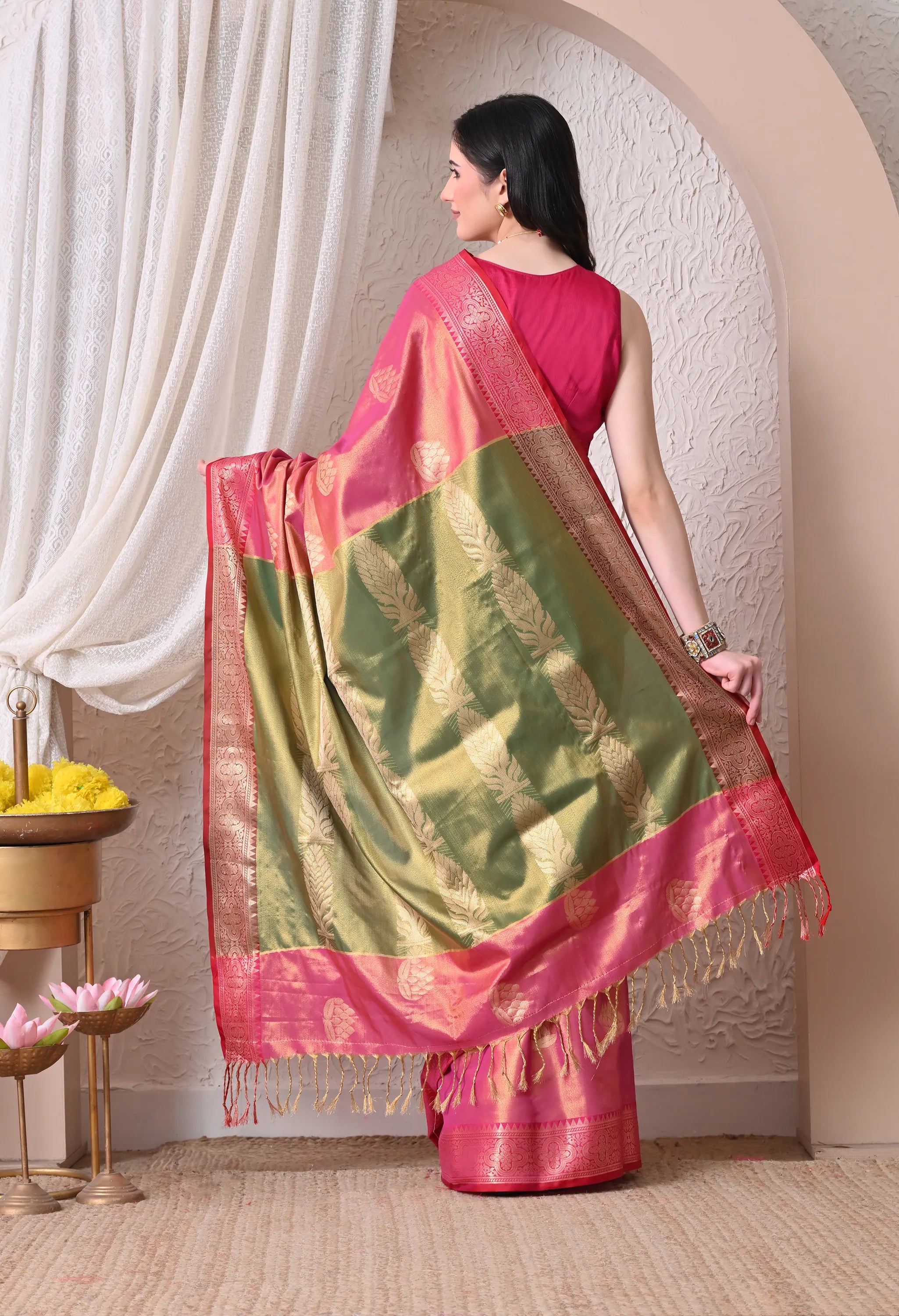 Vine Silk Blend Saree in Rani Pink & Moss Green