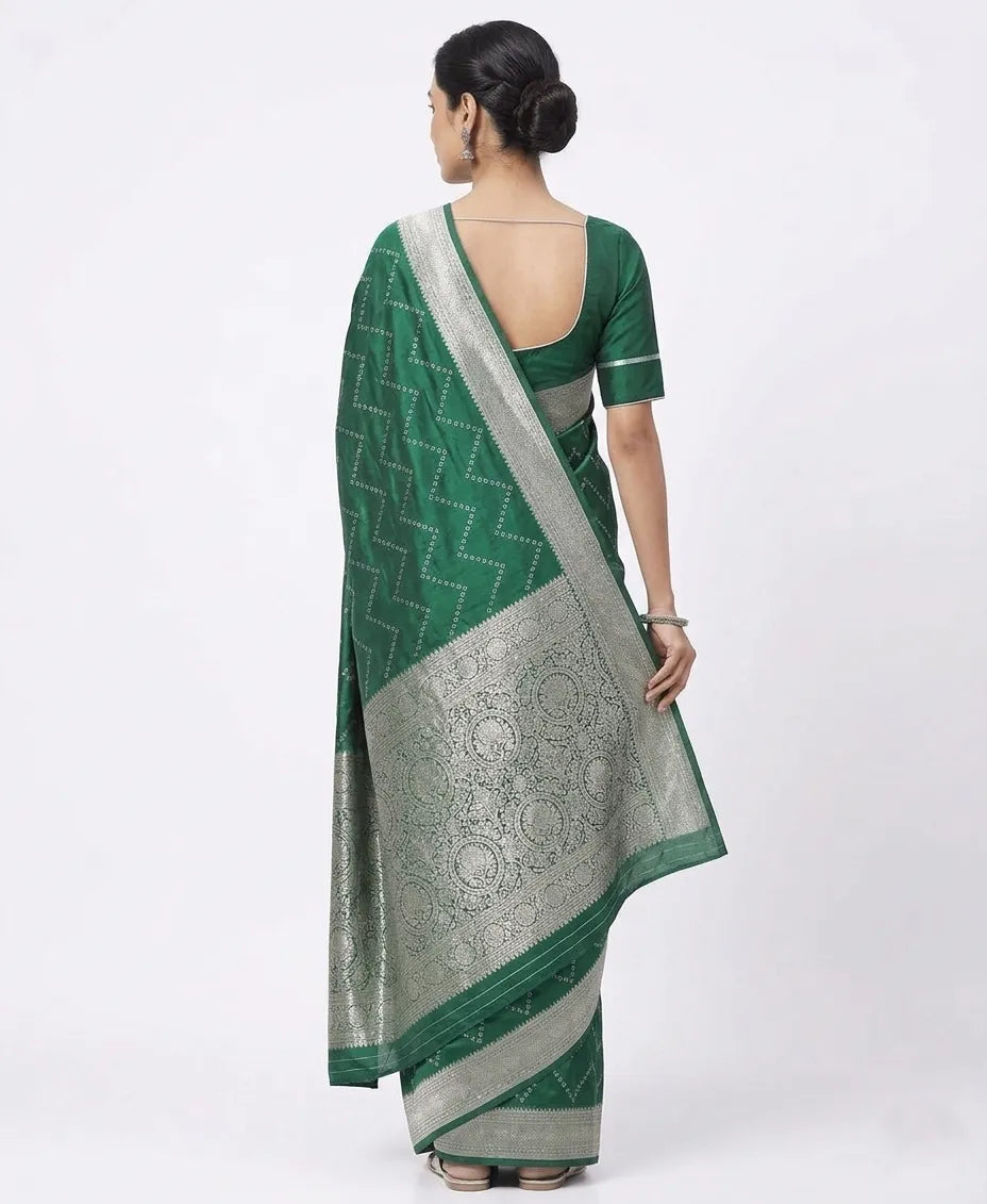 Green & Silver-Toned Silk Blend Woven Design Banarasi Saree
