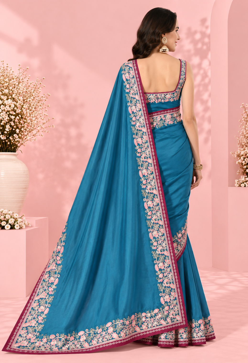Elegant Teal Blue Floral Border Saree with Rich Pink Accents