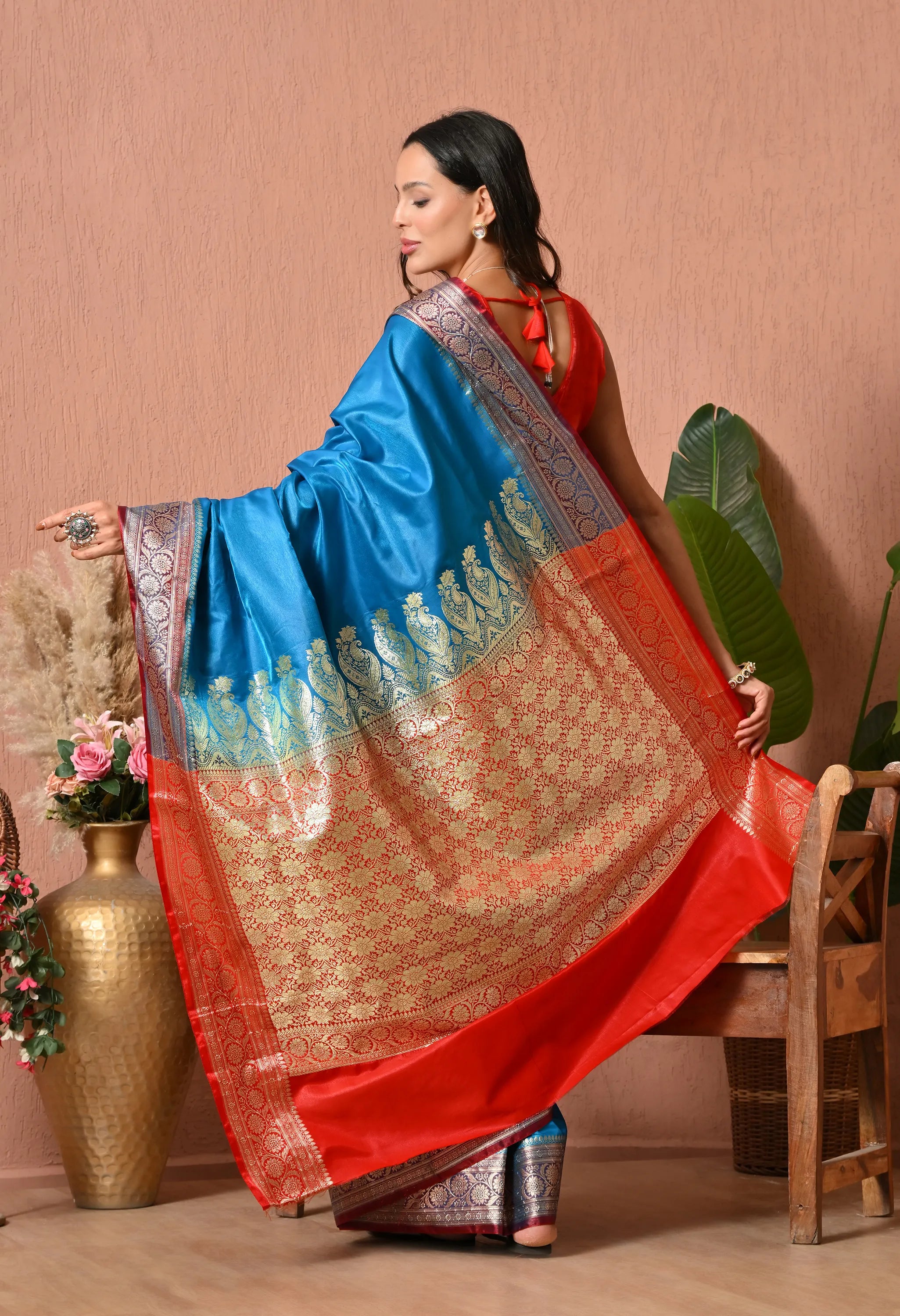 Regal Blue and Red Banarasi Style Silk Blend Saree