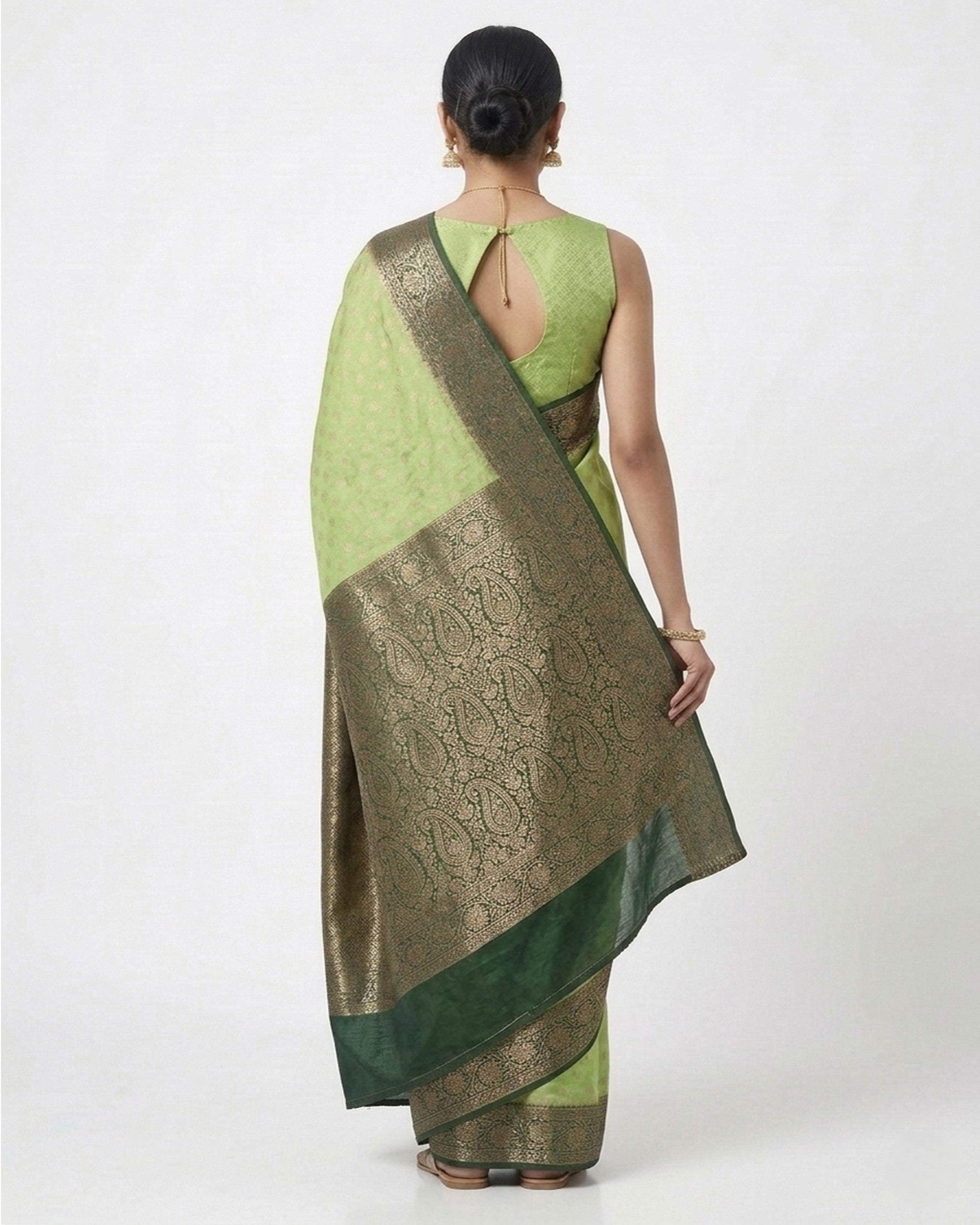 Women Lime Green & Bottle Green Silk Blend Banarasi Saree with Zari Work