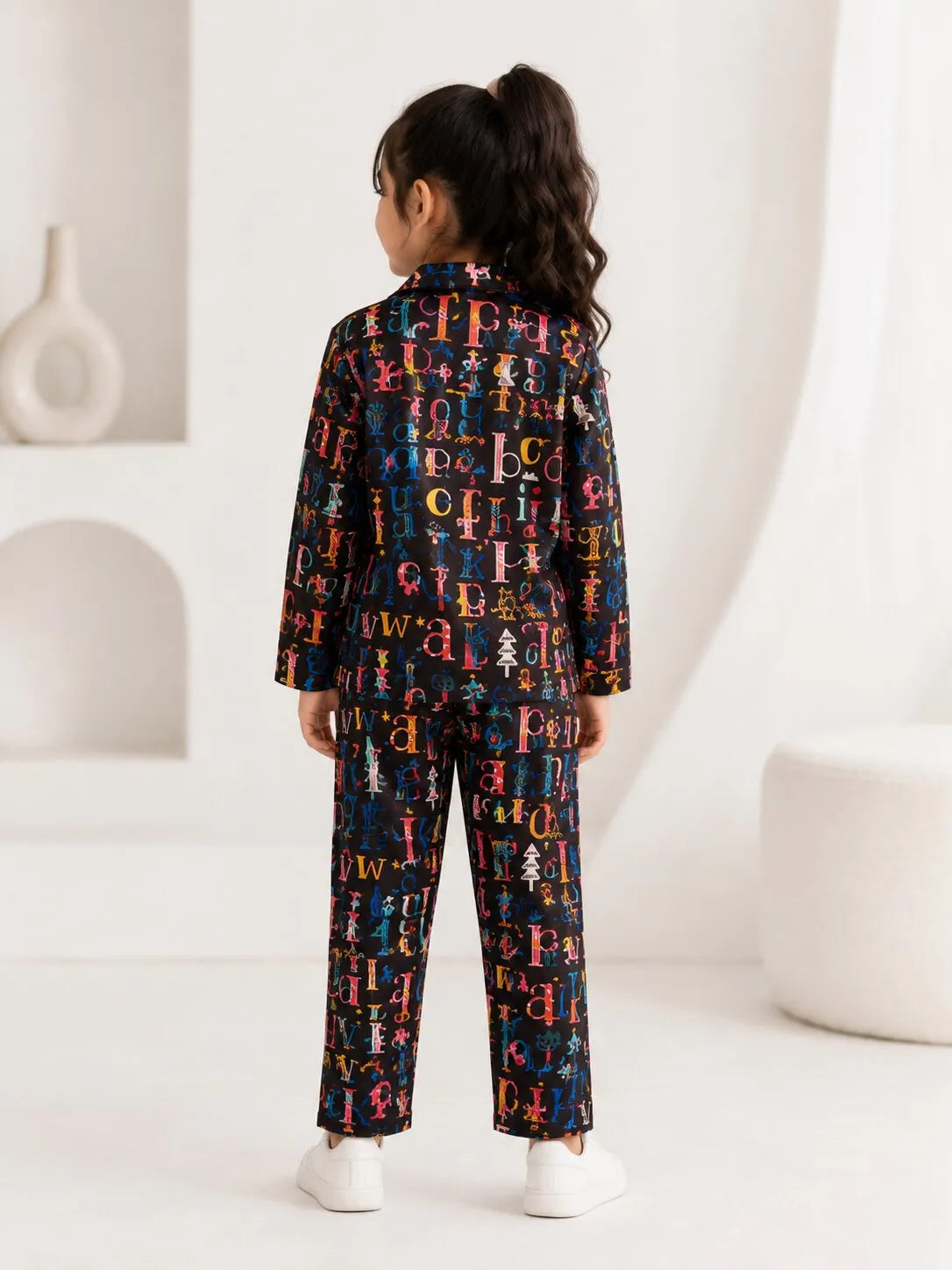 Girls Black & Multicolor Alphabet Print Satin Night Suit