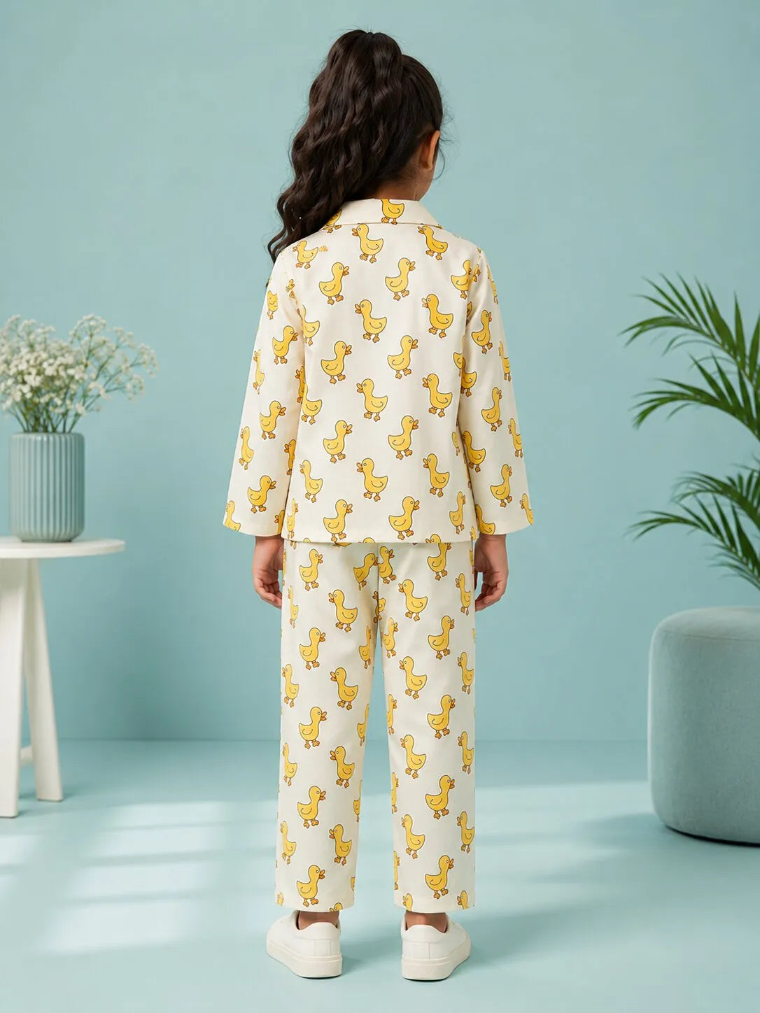 Girls Off-White & Yellow Satin Duck Printed Nightsuit
