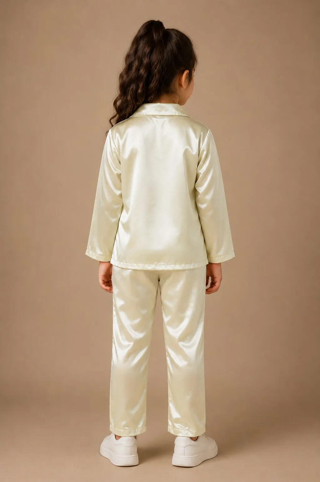 Girls Luxurious Solid Satin Night Suit – Comfortable Full-Sleeve Button-Down Shirt & Pyjama Set