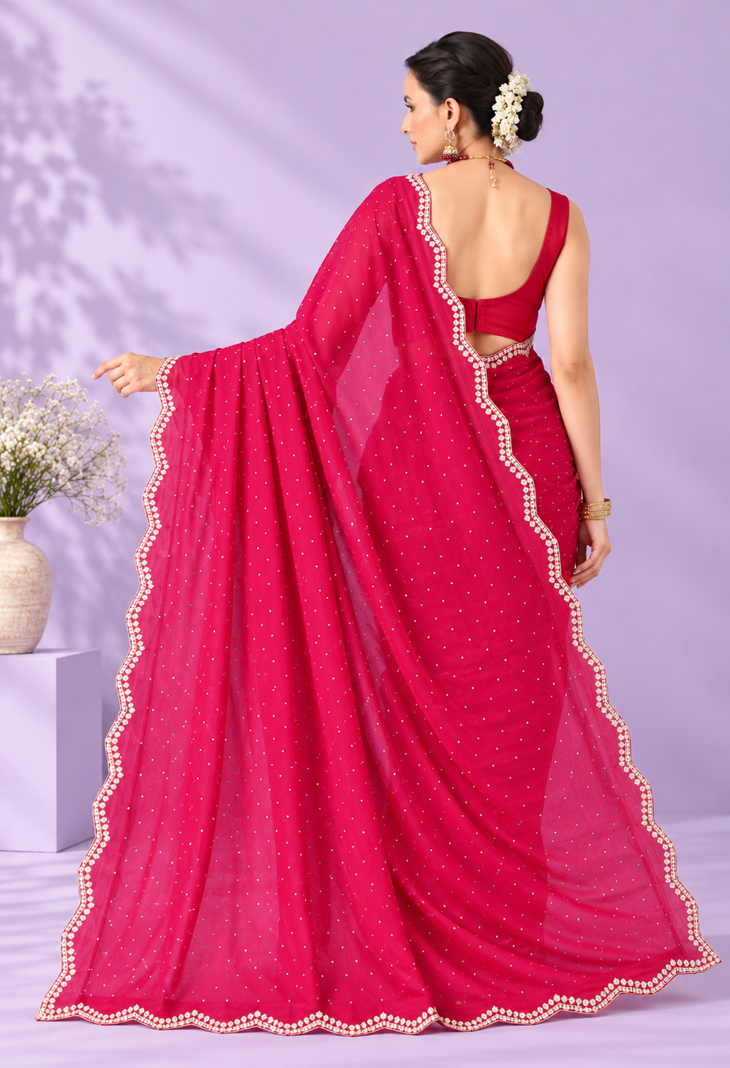 Elegant Rani Pink Saree with Dotted Pattern & Delicate Scalloped Border