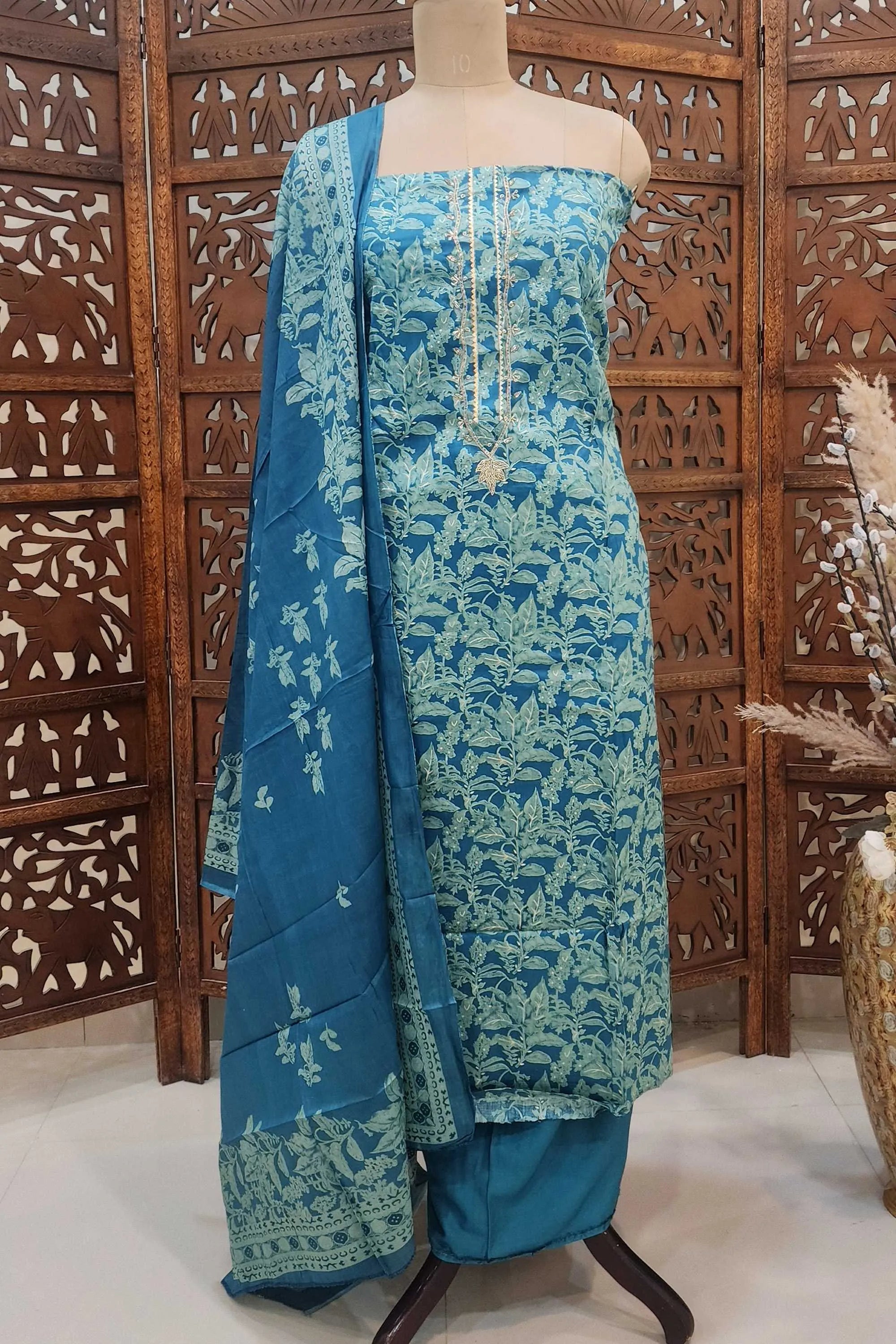 Women Teal & Sea Green Floral Printed Pure Cotton Unstitched Dress Material with Gota Patti Work