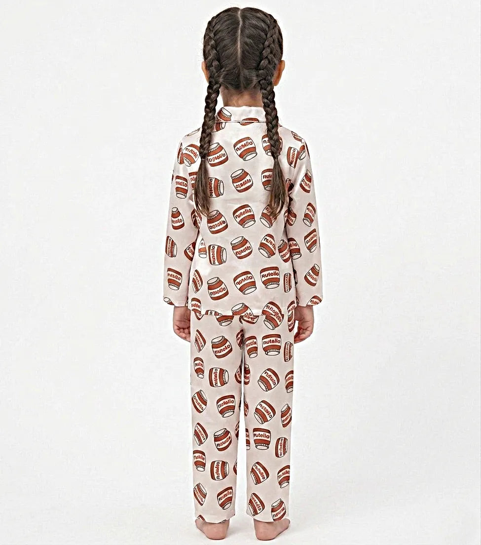 Girls Satin Nutella Print Night Suit – White & Red