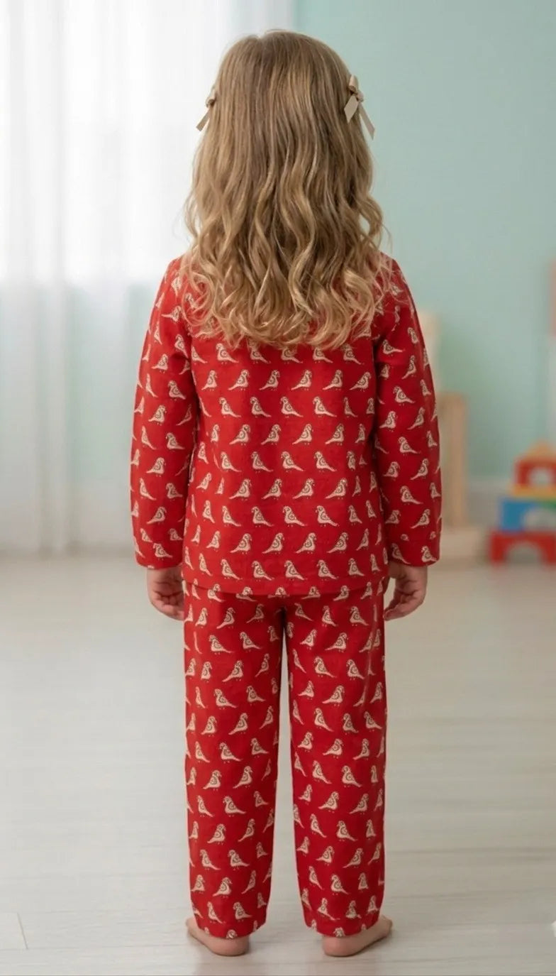 Girls Red & White Bird Print Cotton Night Suit