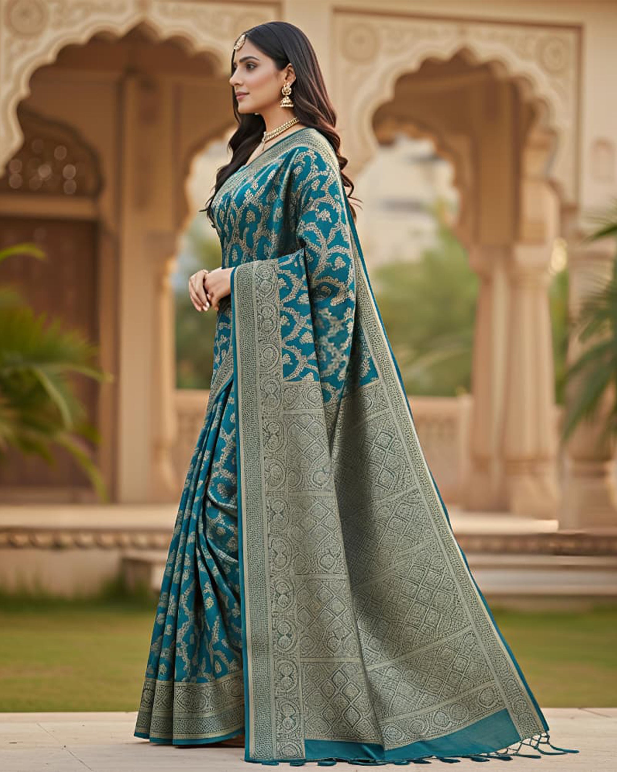 Women Teal Blue & Gold-Toned Woven Design Art Silk Saree with Unstitched Blouse