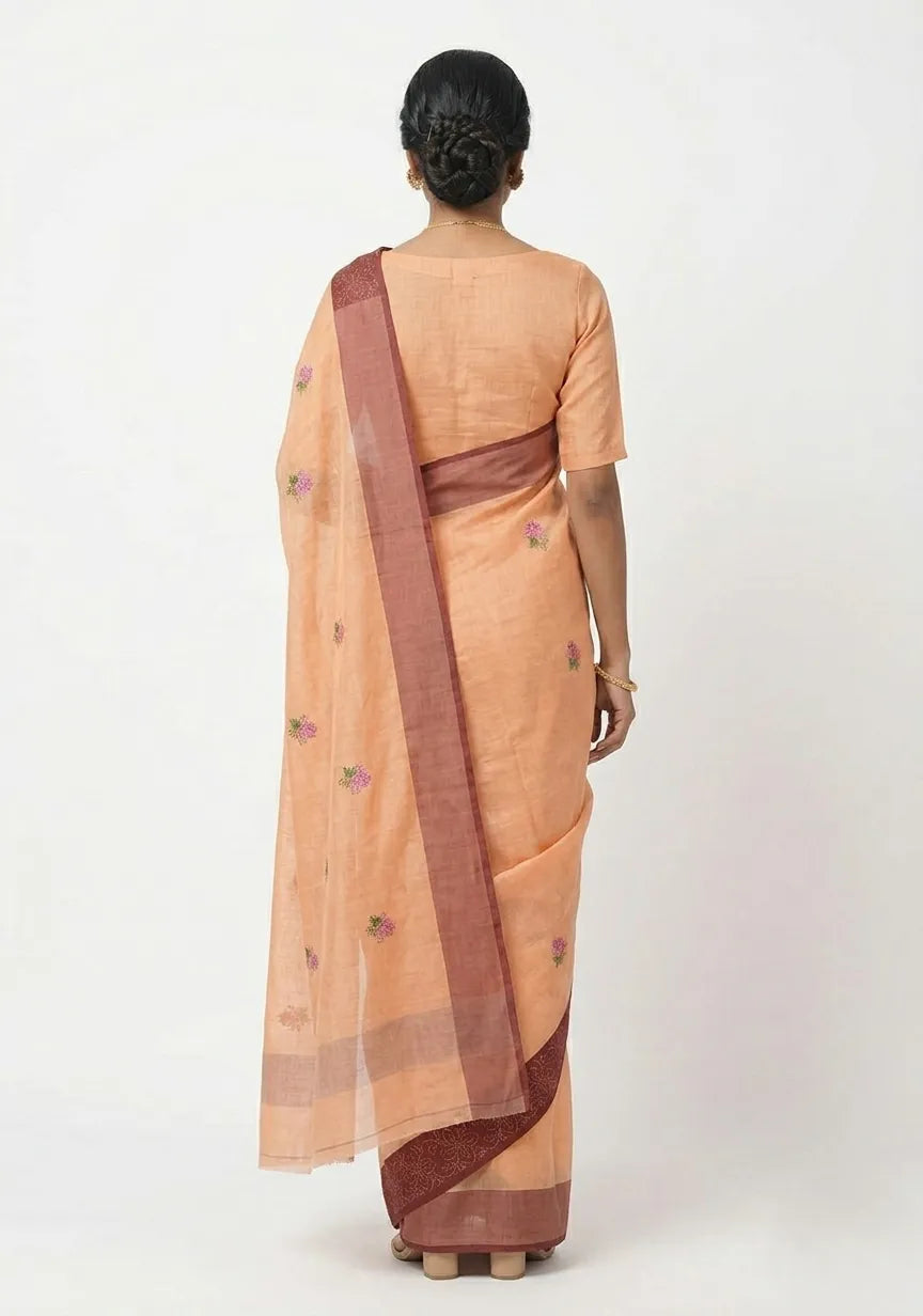 Peach-Colored Floral Embroidered  Silk Saree with Unstitched Blouse