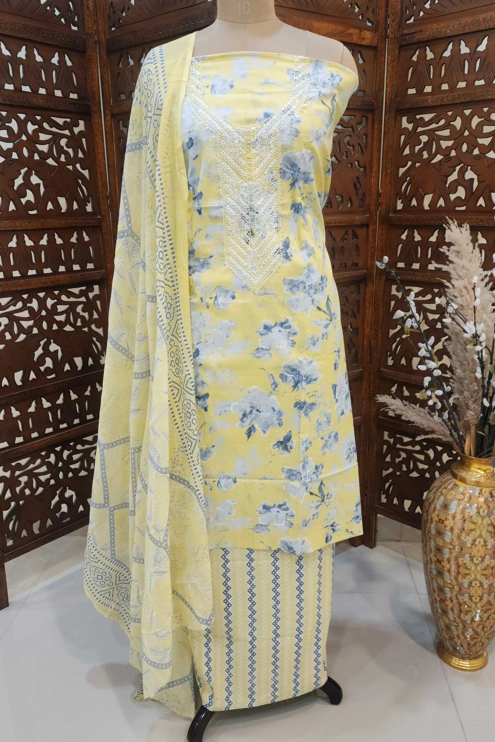 Floral Harmony Printed Cotton Blend Unstitched Dress Material with Embroidered Dupatta