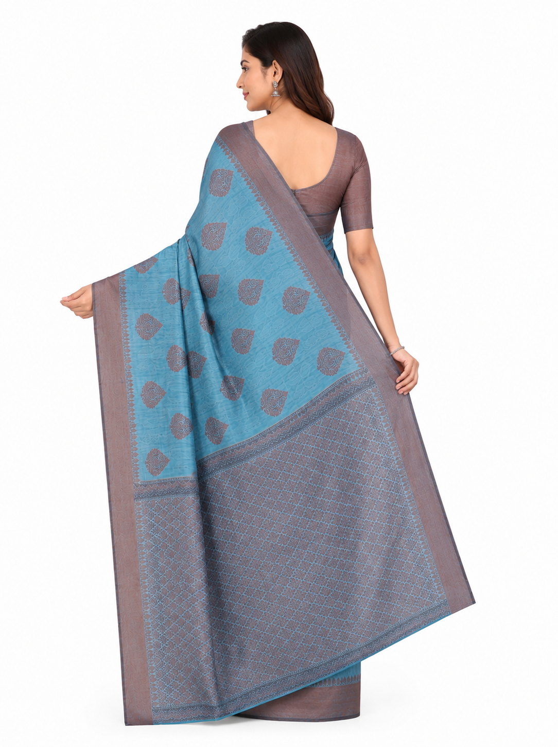 Teal Blue & Bronze-Toned Leaf Woven Design Banarasi Silk Saree with Unstitched Blouse