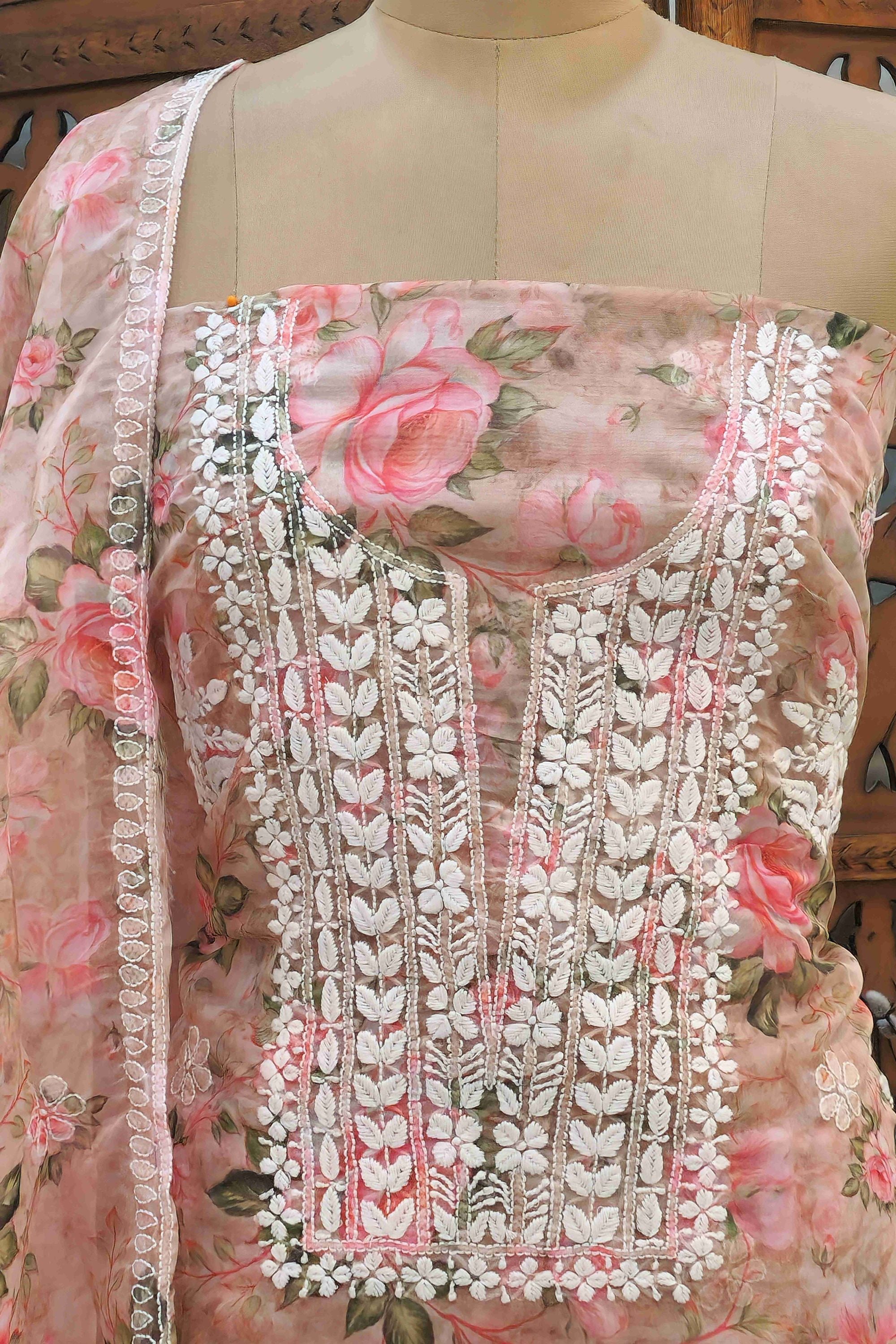 Women Dusty Pink & Rose Floral Printed Organza Unstitched Dress Material with White Chikankari-style Embroidery