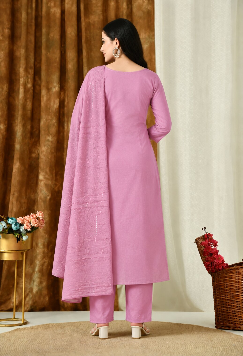 Dusty Pink Chanderi Silk Embroidered Anarkali Suit Set with Organza Dupatta