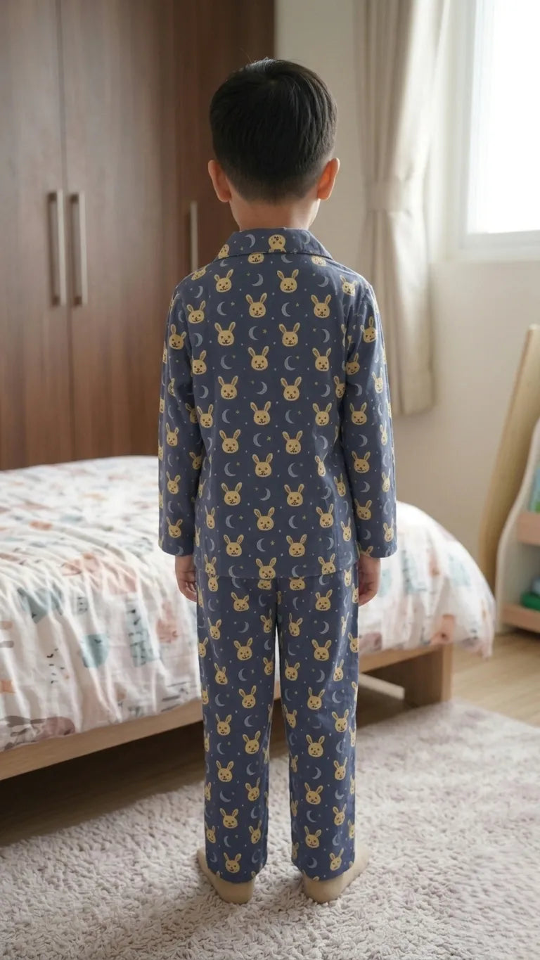 Kids Navy Blue & Yellow Bunny Print Night Suit