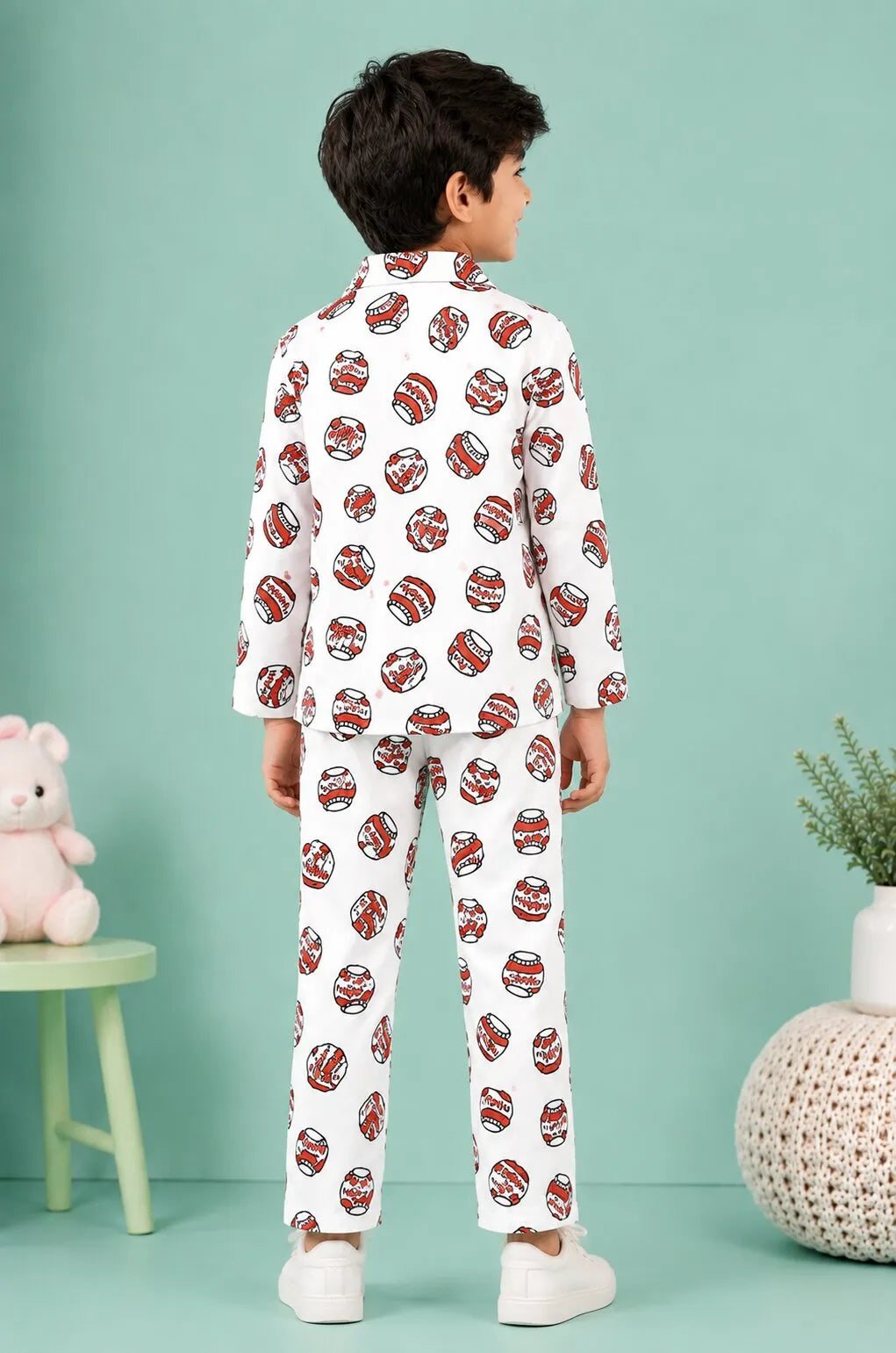 Kids' Satin Nutella Print Night Suit – White & Red