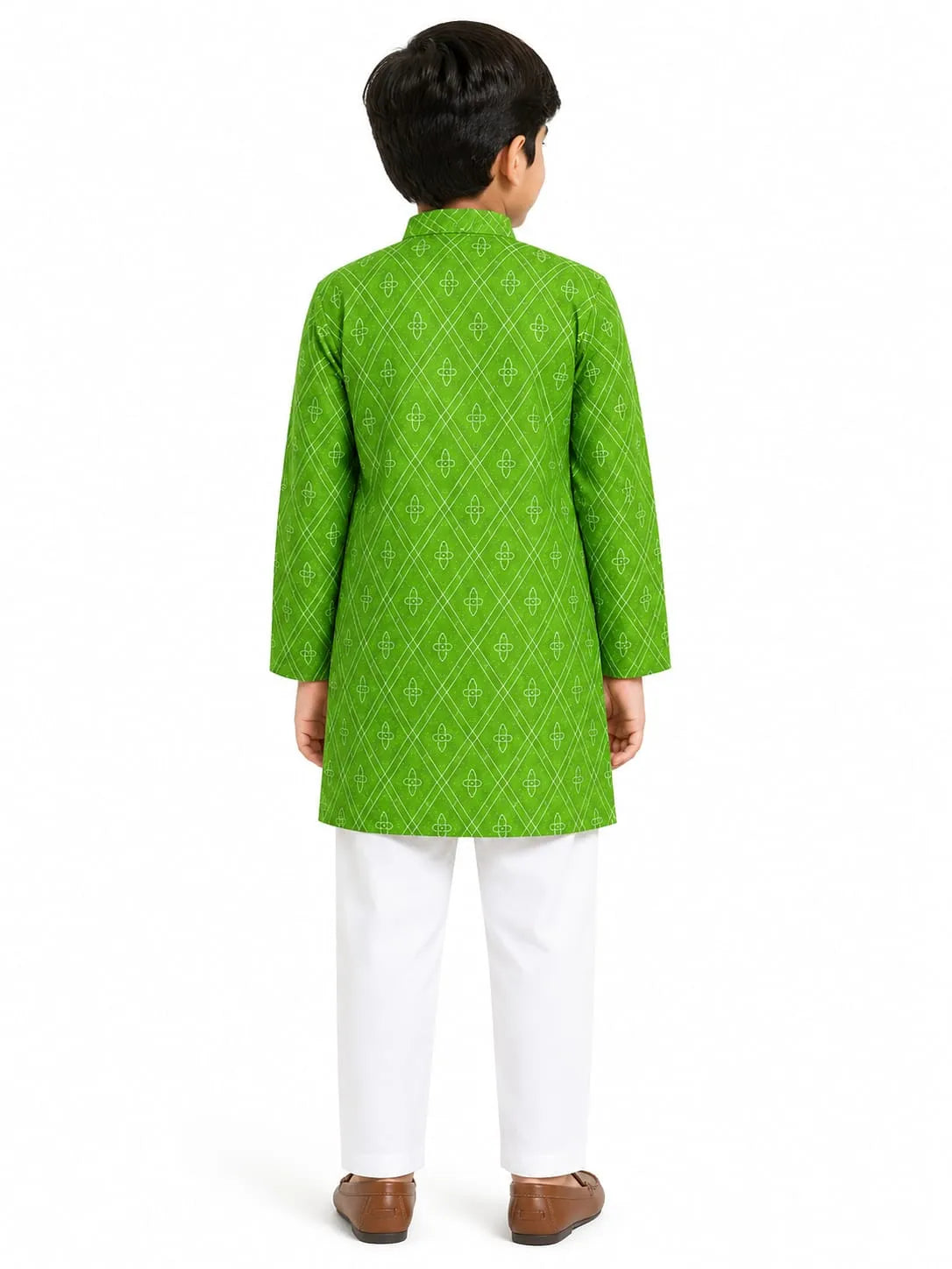 Boys Green & White Geometric Print Pure Cotton Kurta with Pyjamas