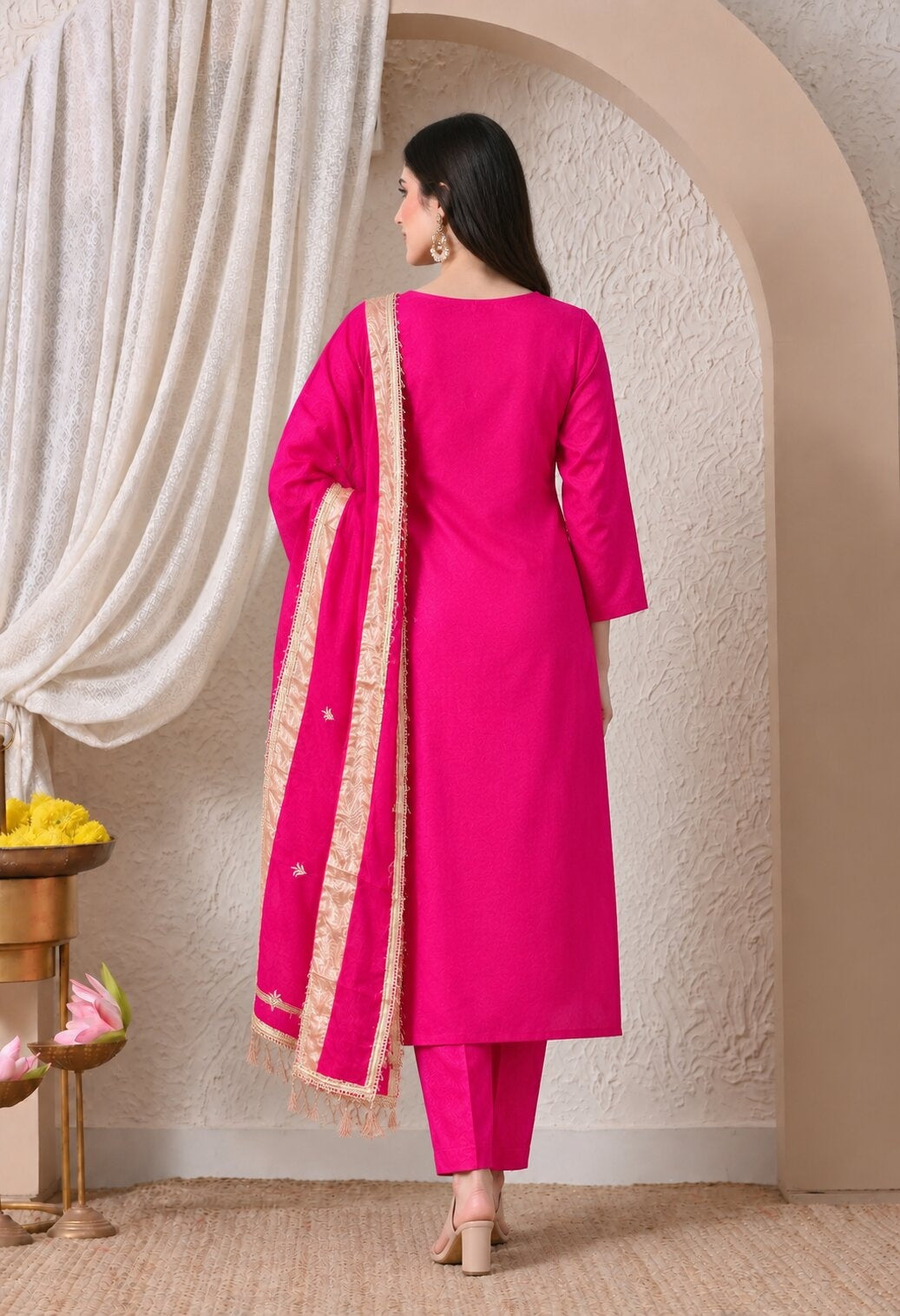 Rani Pink Chanderi Silk Embroidered Suit Set with Organza Dupatta