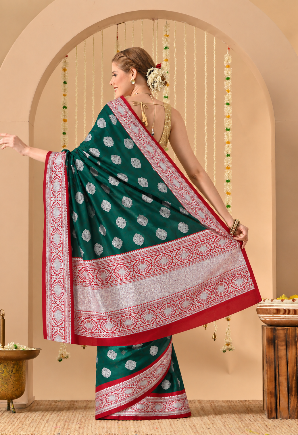 Green & Crimson Red Banarasi-Style Woven Art Silk Saree