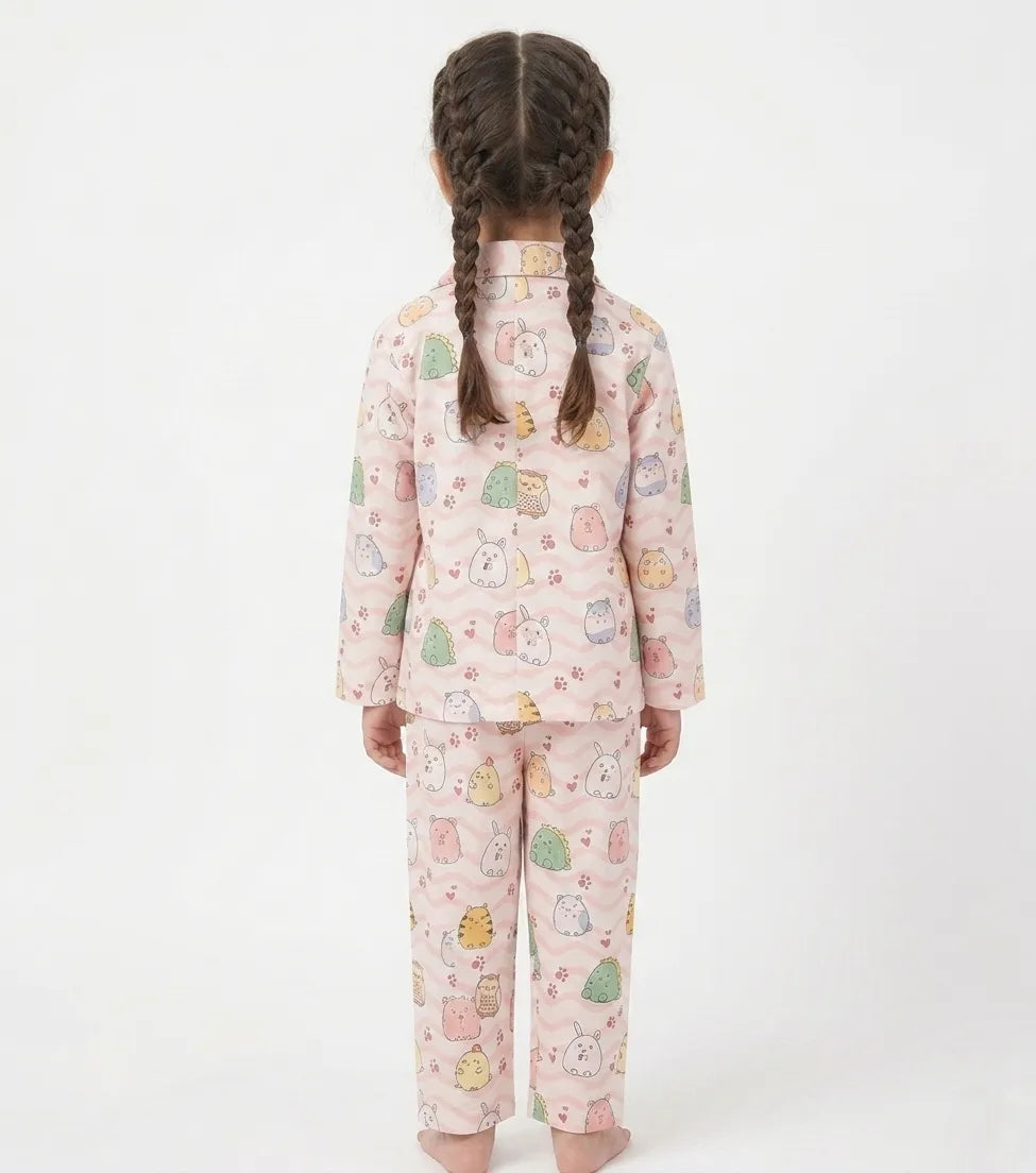 Girls Whimsical Animal & Wave Print Premium Satin Night Suit – Full Sleeve Shirt & Pajama Set