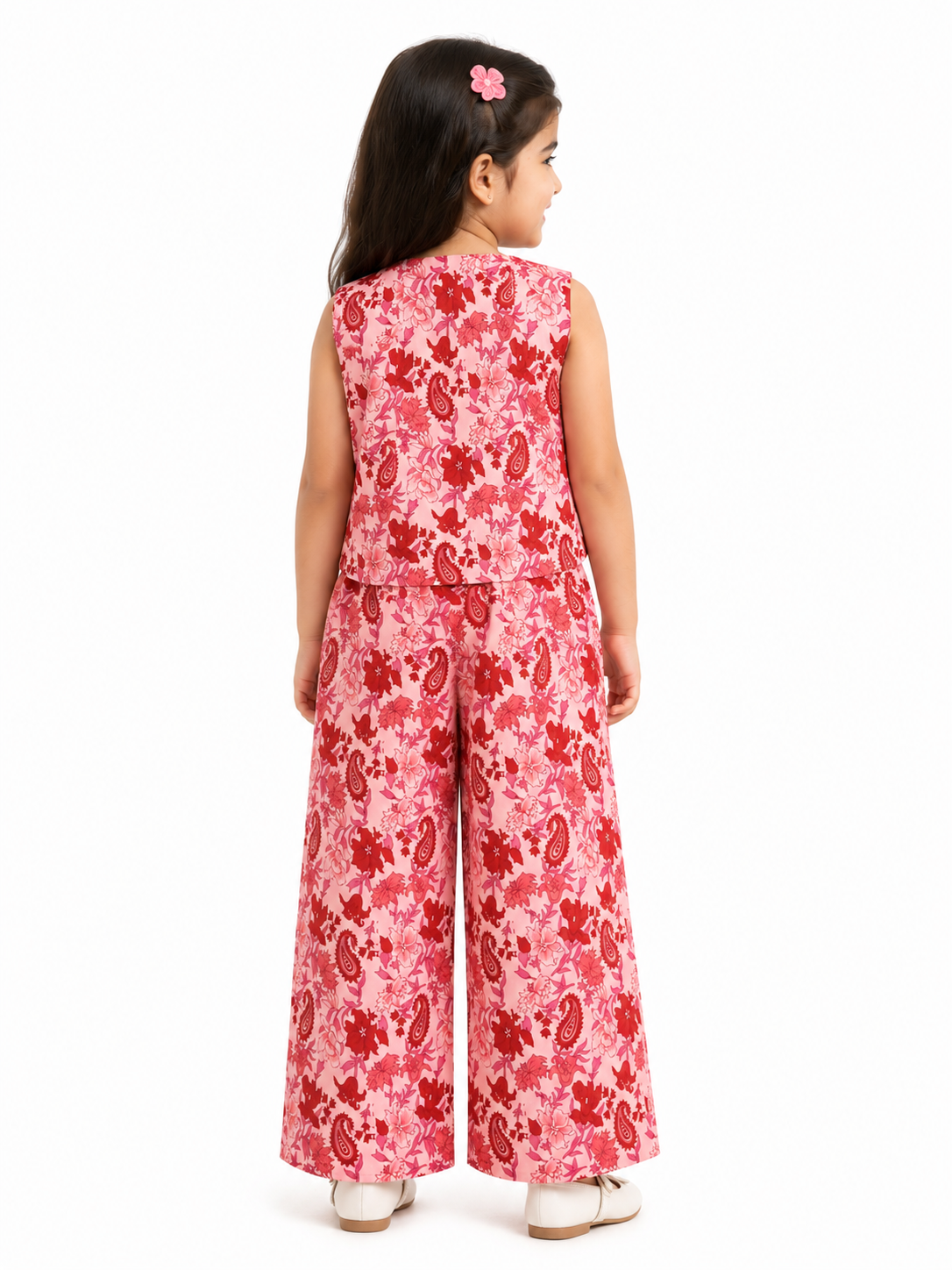 Girls Pure Cotton Floral and Paisley Printed Vest Style Crop Top with Wide-Leg Trousers Co-Ord Set