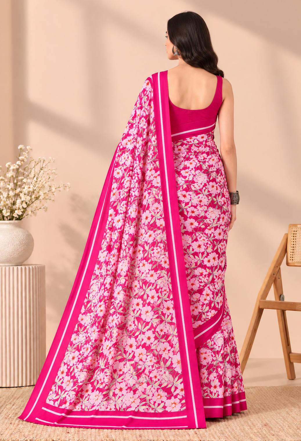 Elegant Pink Georgette Saree with Floral Print and Designer Border