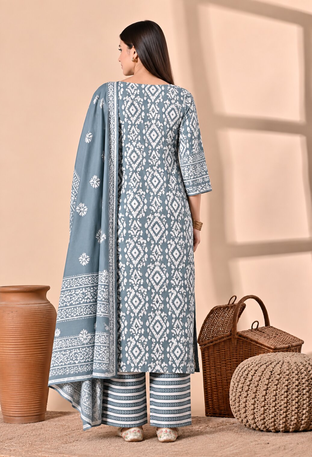 Grey Blue Cotton Printed Suit Set with Matching Cotton Dupatta for Women