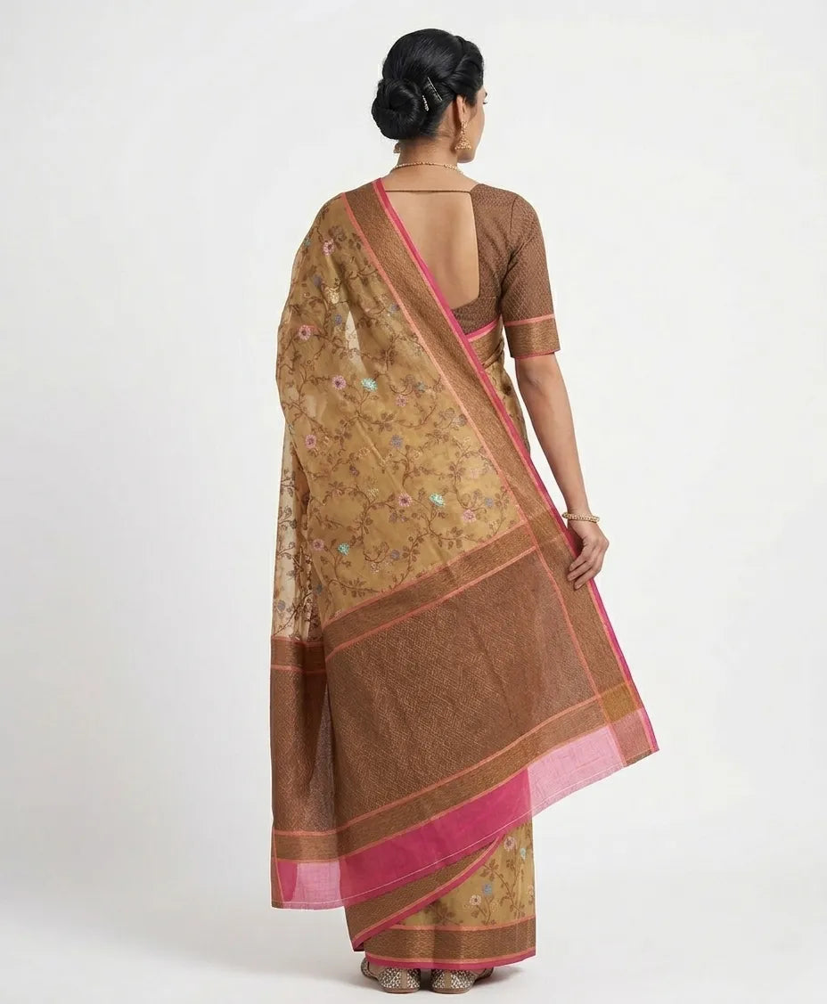 Brown Geometric Woven Design Silk Blend Saree
