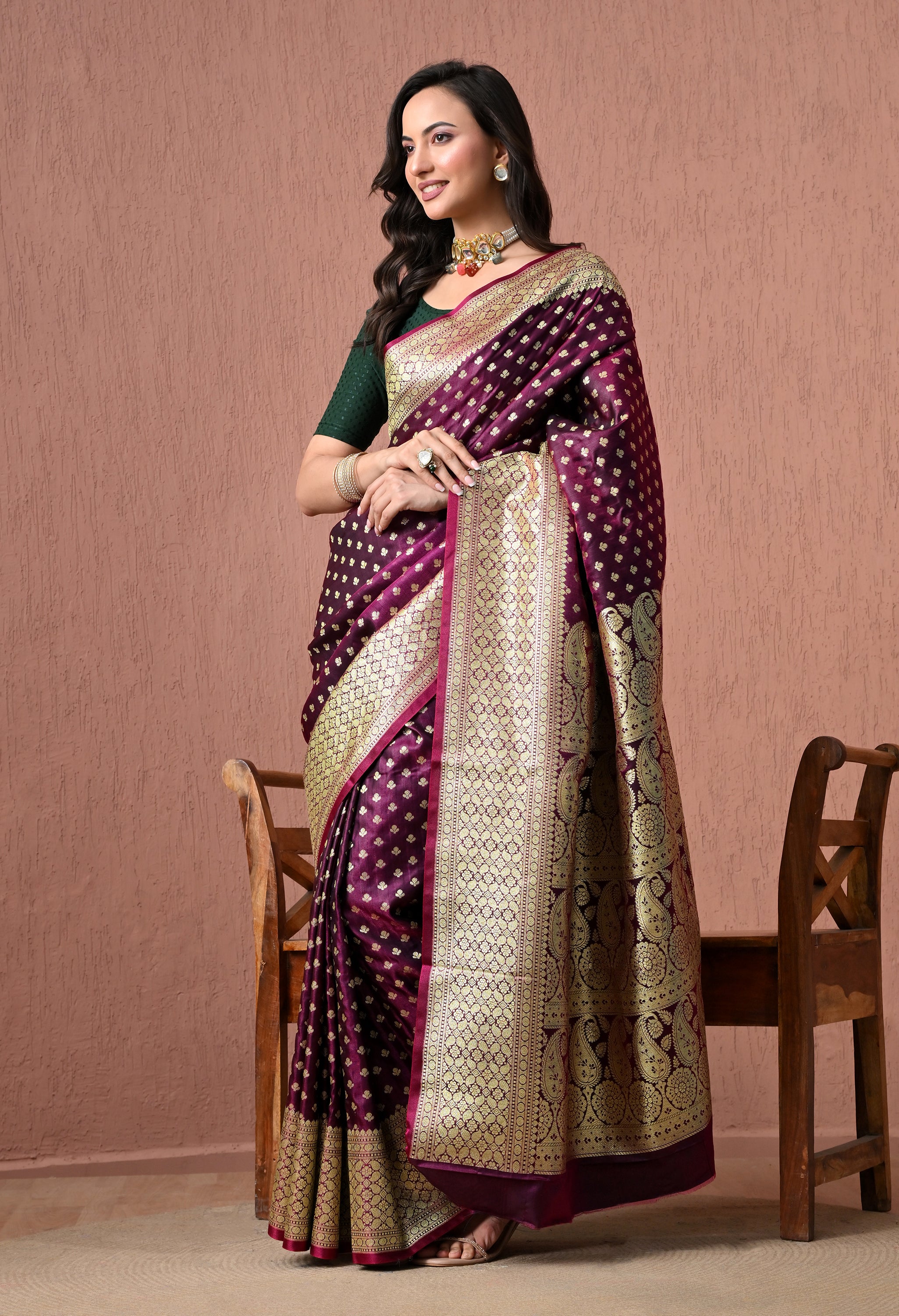 Pure Silk Banarasi Saree in Magenta-Purple with Intricate Gold Zari