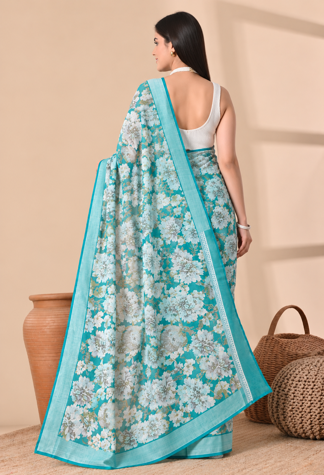 Elegant Green Cotton Saree with Floral Print