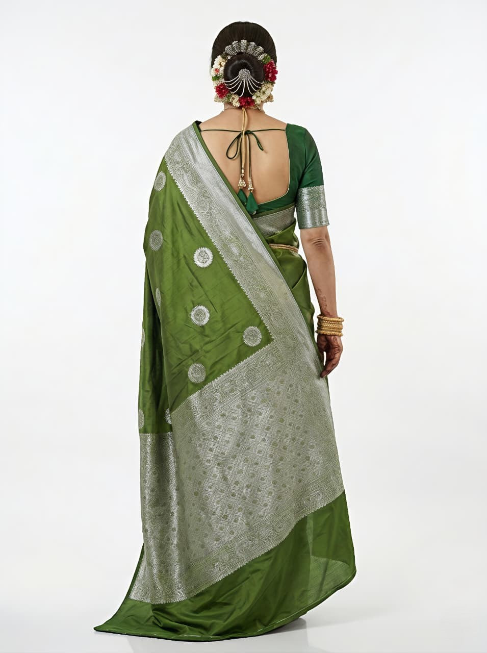 Olive Green & Silver-Toned Art Silk Woven Design Banarasi Saree