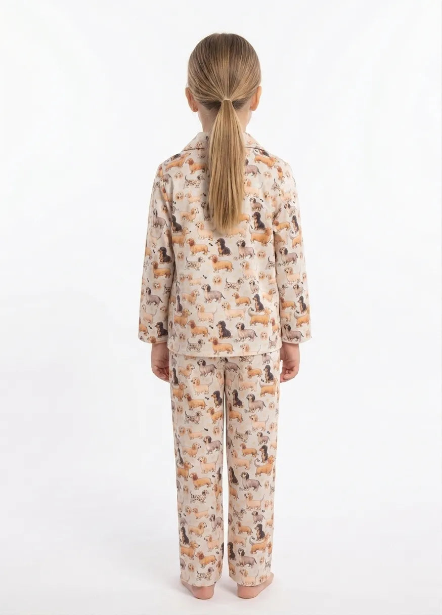 Girls Satin Dog Print Night Suit Set – Cream