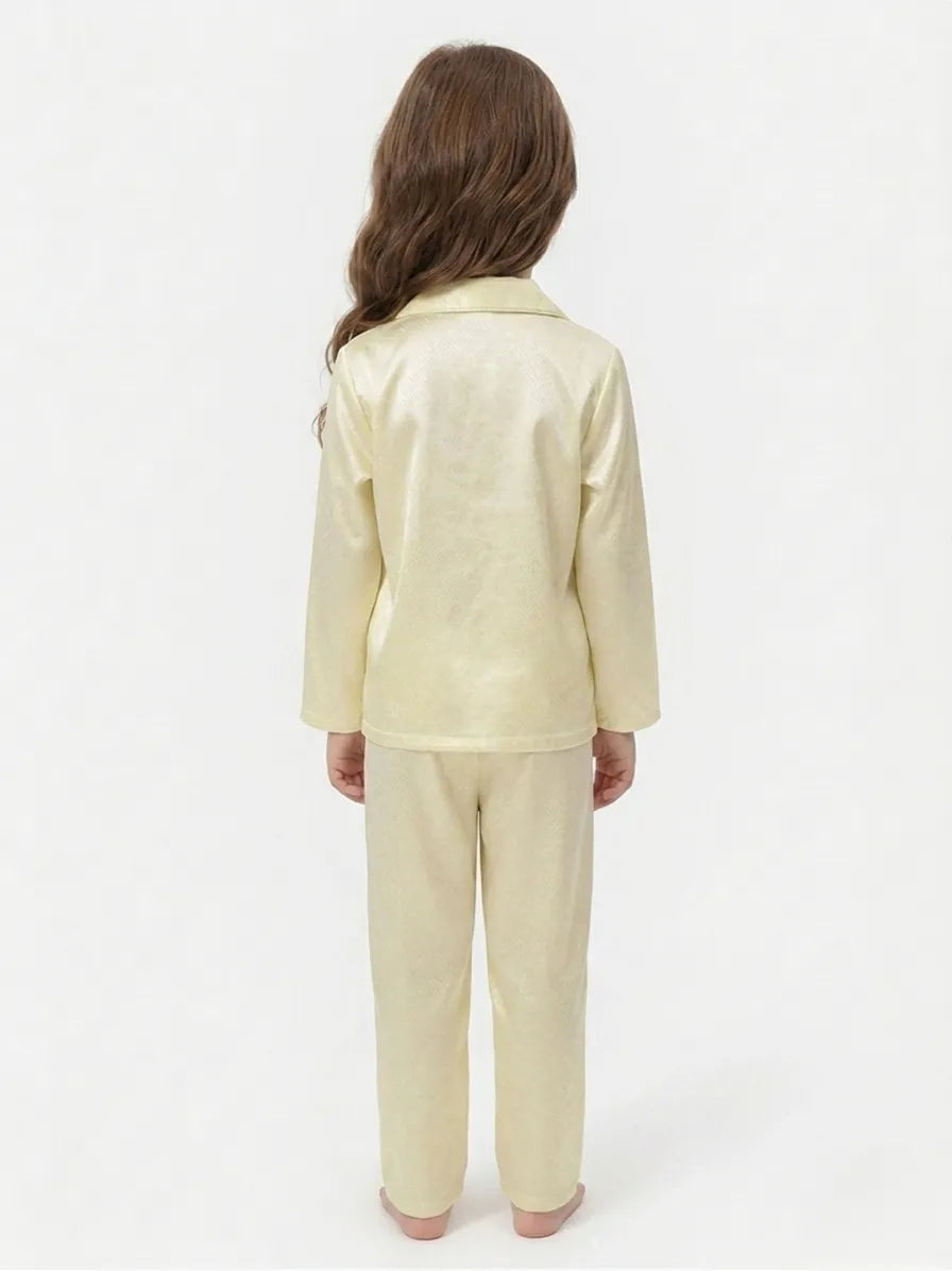 Girls Luxurious Solid Satin Night Suit – Comfortable Full-Sleeve Button-Down Shirt & Pyjama Set
