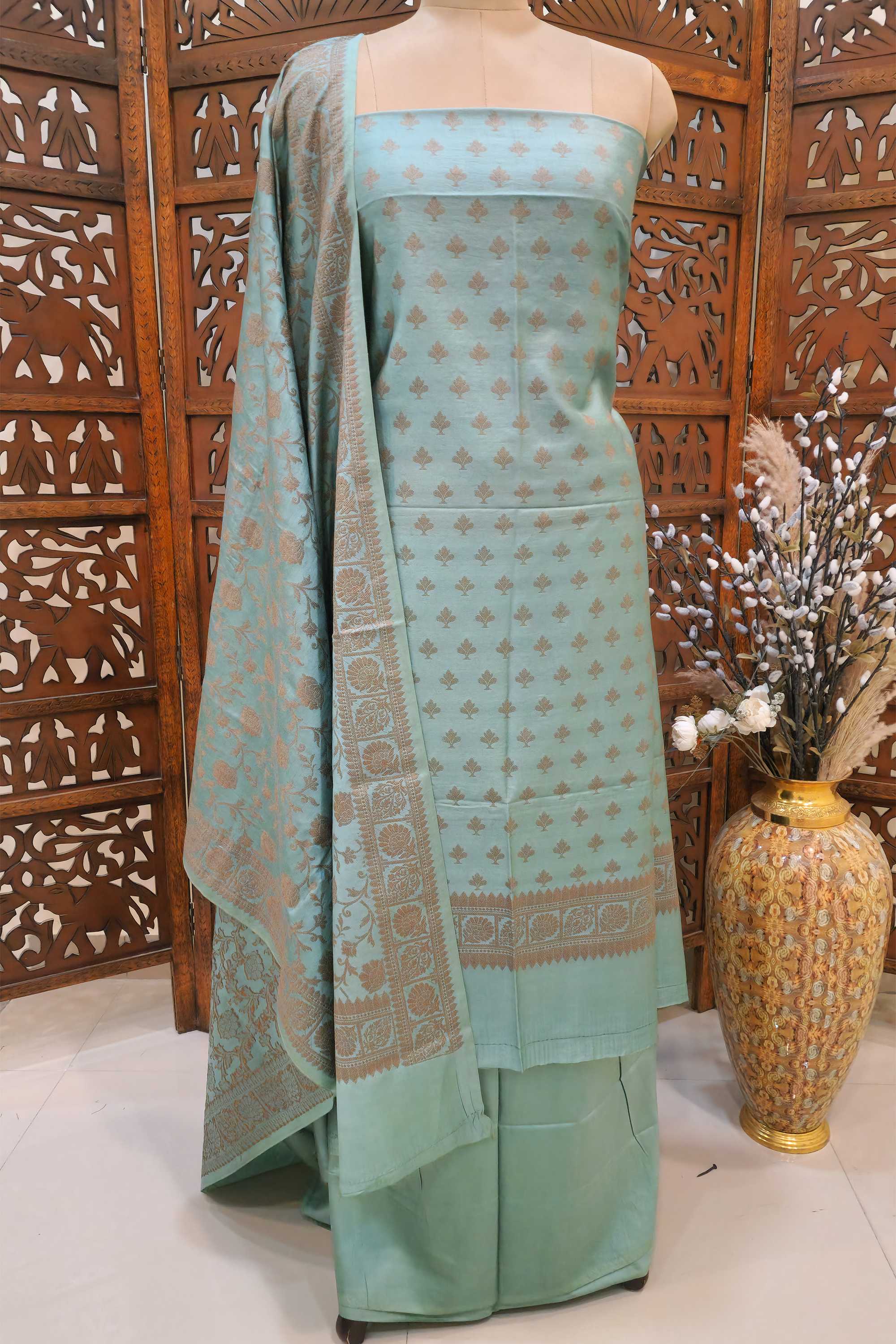 Women Sea Green & Copper-Toned Silk Blend Unstitched Dress Material with Banarasi Weaving