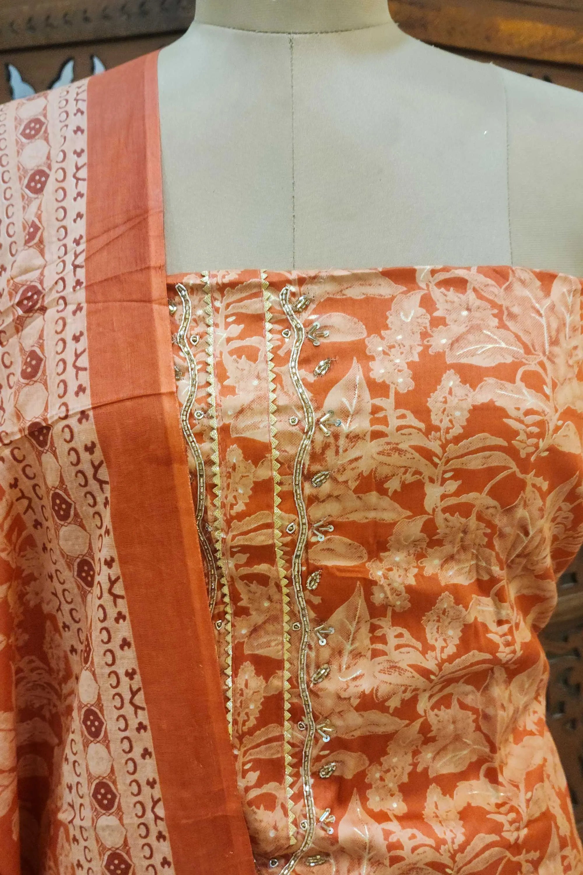Peach & Off-White Floral Print Pure Cotton Unstitched Dress Material