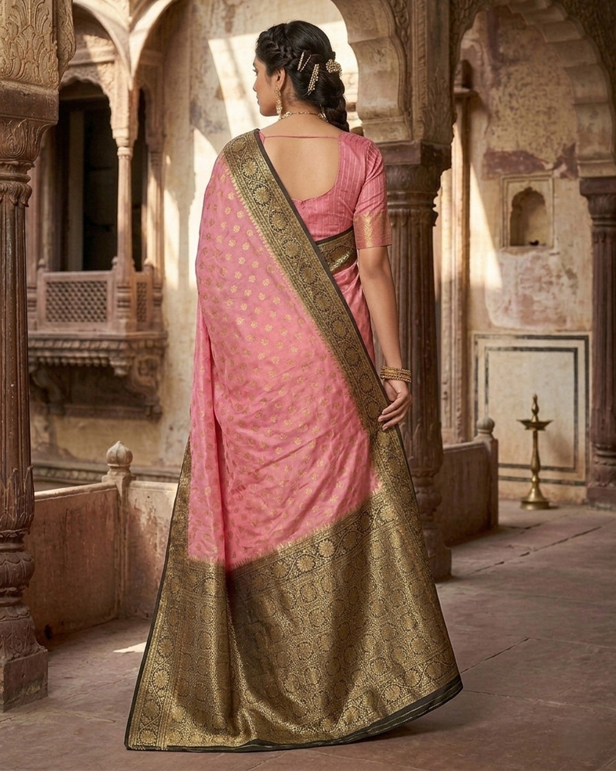 Women Pink Silk Blend Banarasi Saree with Ethnic Motif Zari