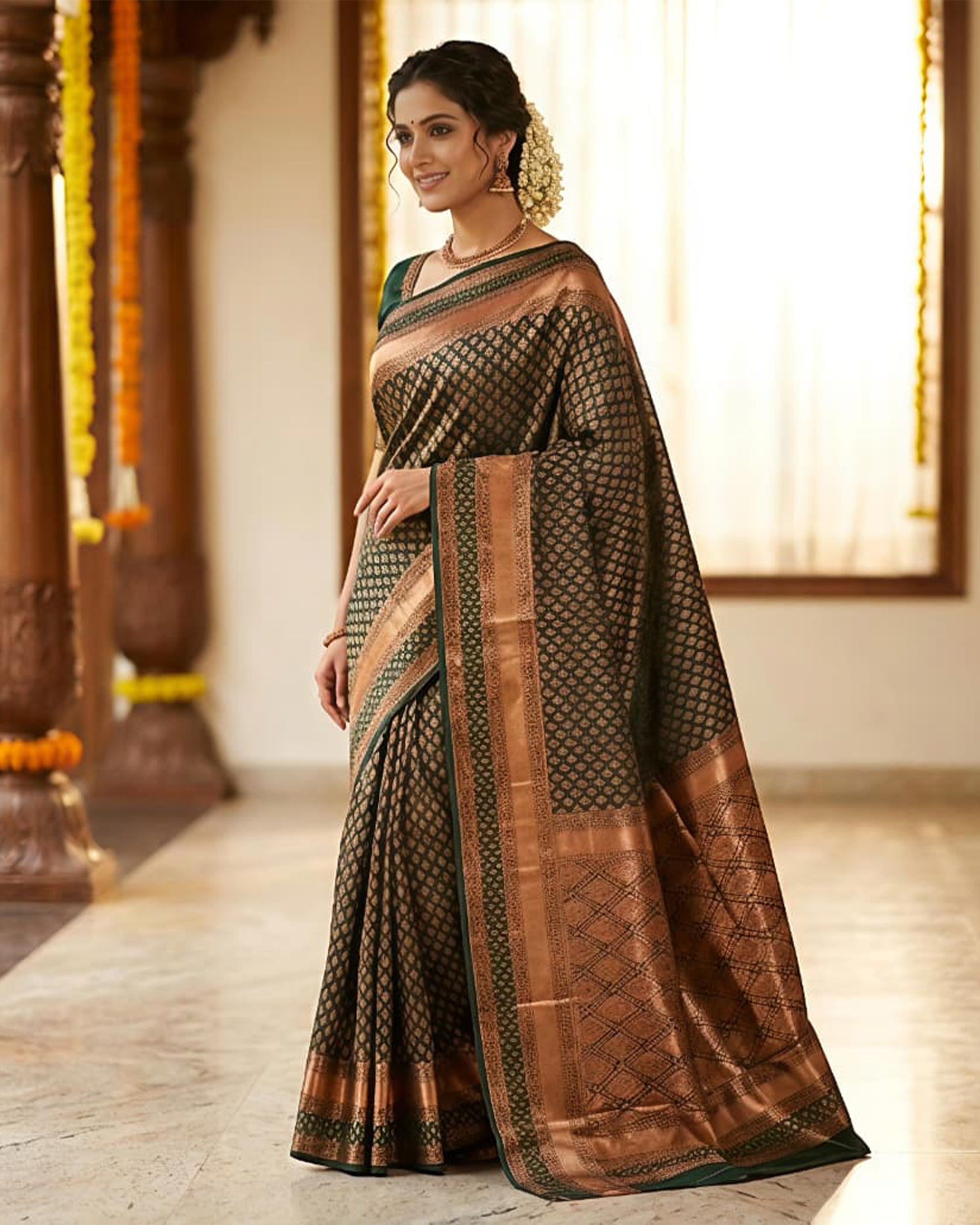 Olive Green & Copper-Toned Woven Design Banarasi Art Silk Saree