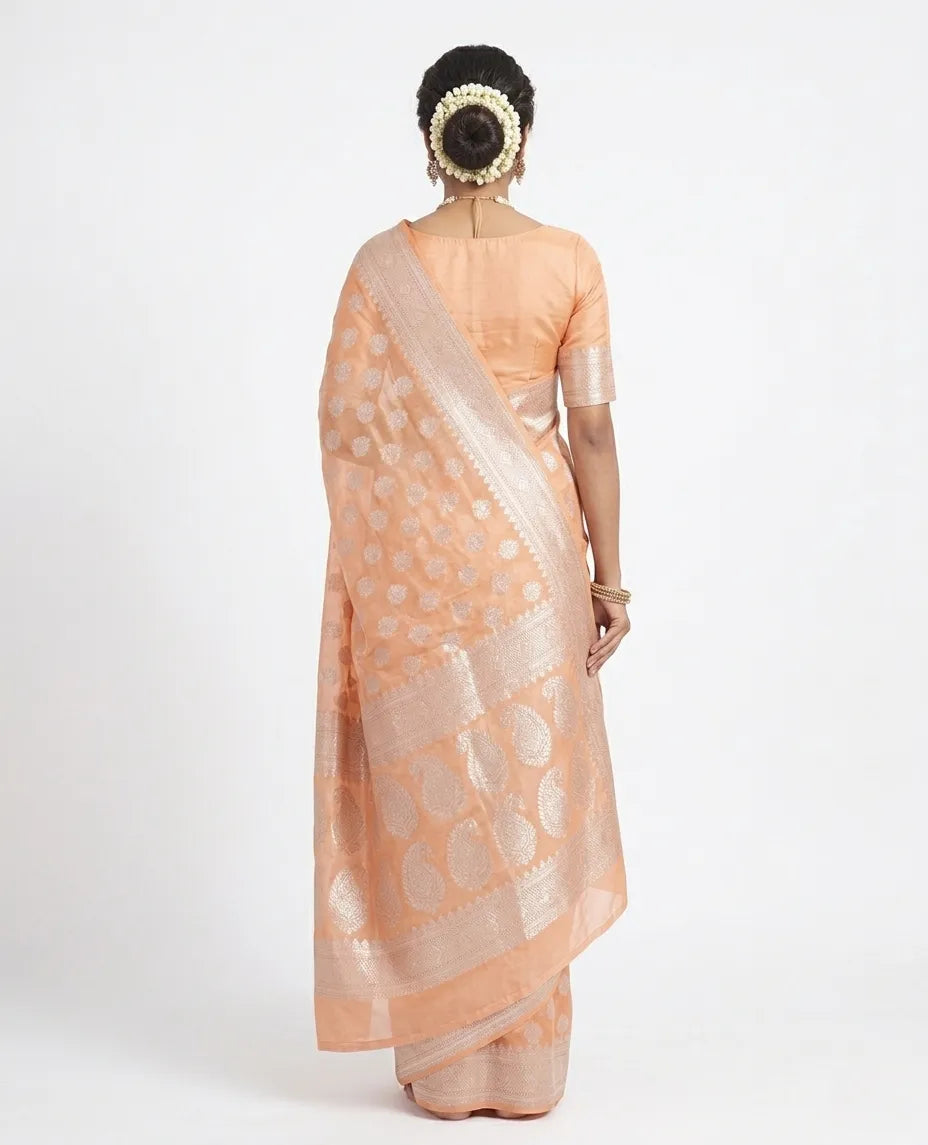 Peach & Silver Woven Design  Silk Saree