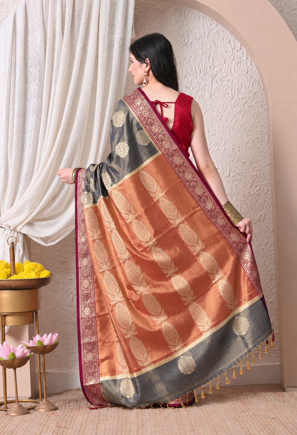 Grey & Maroon Woven Silk Blend Saree with Zari Motifs