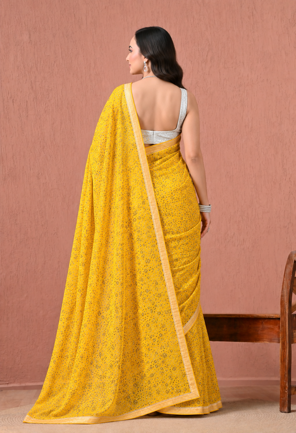 Mustard Yellow Chiffon Saree with Delicate Floral Print