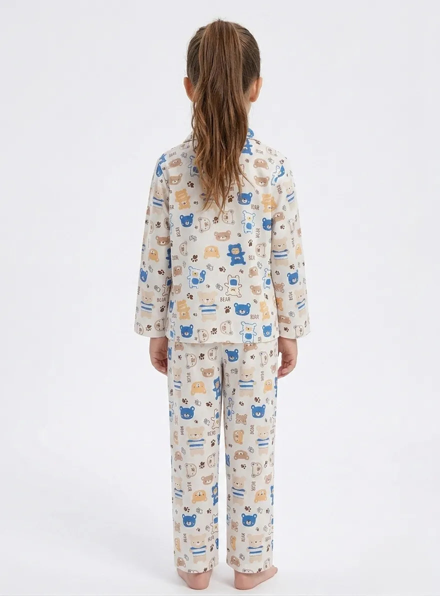 Girls Bear Print Luxury Satin Night Suit – Full Sleeve Shirt & Pajama Sleepwear Set